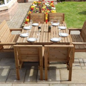 5ft Square Table, 2 Benches & 4 Chairs